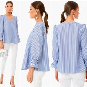 TUCKERNUCK Easton Striped Blouse Blue White Ruffle V Neck Oversized Prep Boho XS